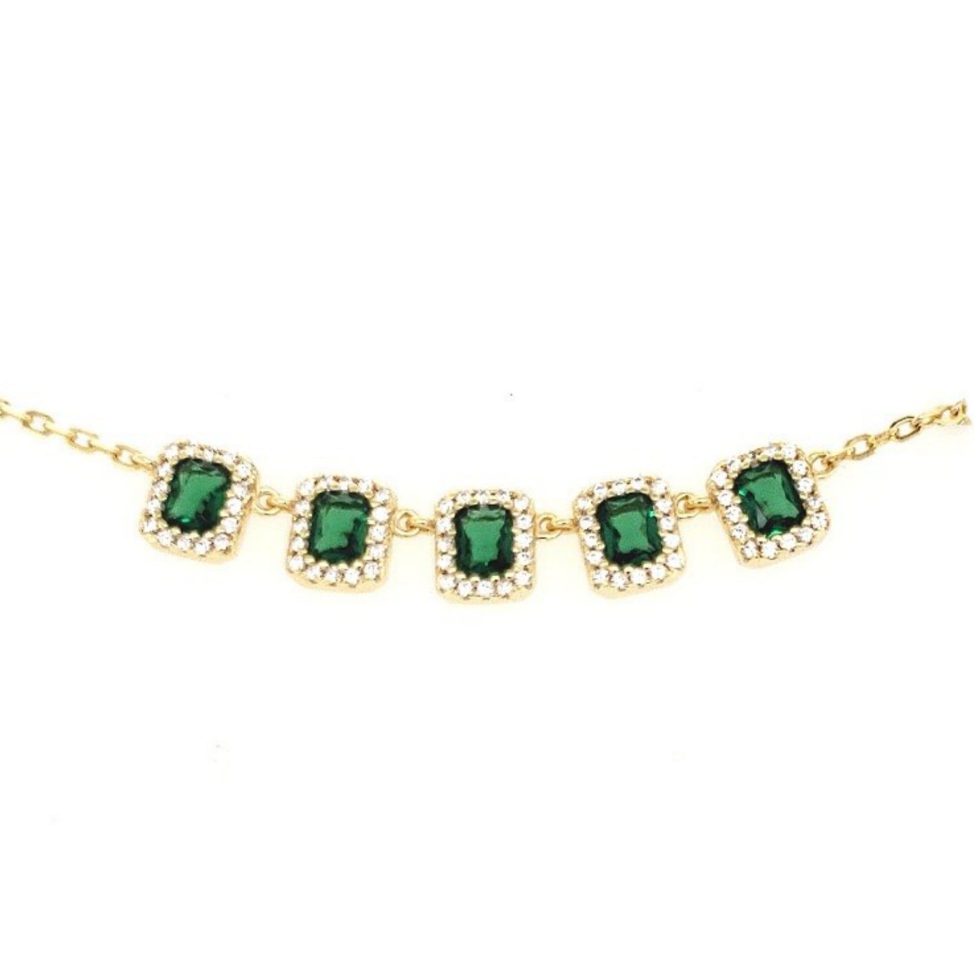 Sterling Silver Five CZ Green Square Necklace - HK Jewels