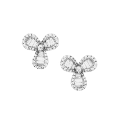 Sterling Silver Three Leaf Clover CZ With Baguettes Earring - HK Jewels