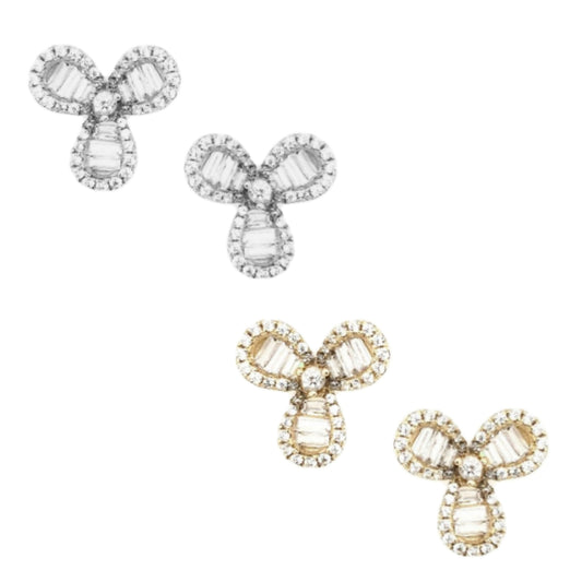 Sterling Silver Three Leaf Clover CZ With Baguettes Earring - HK Jewels