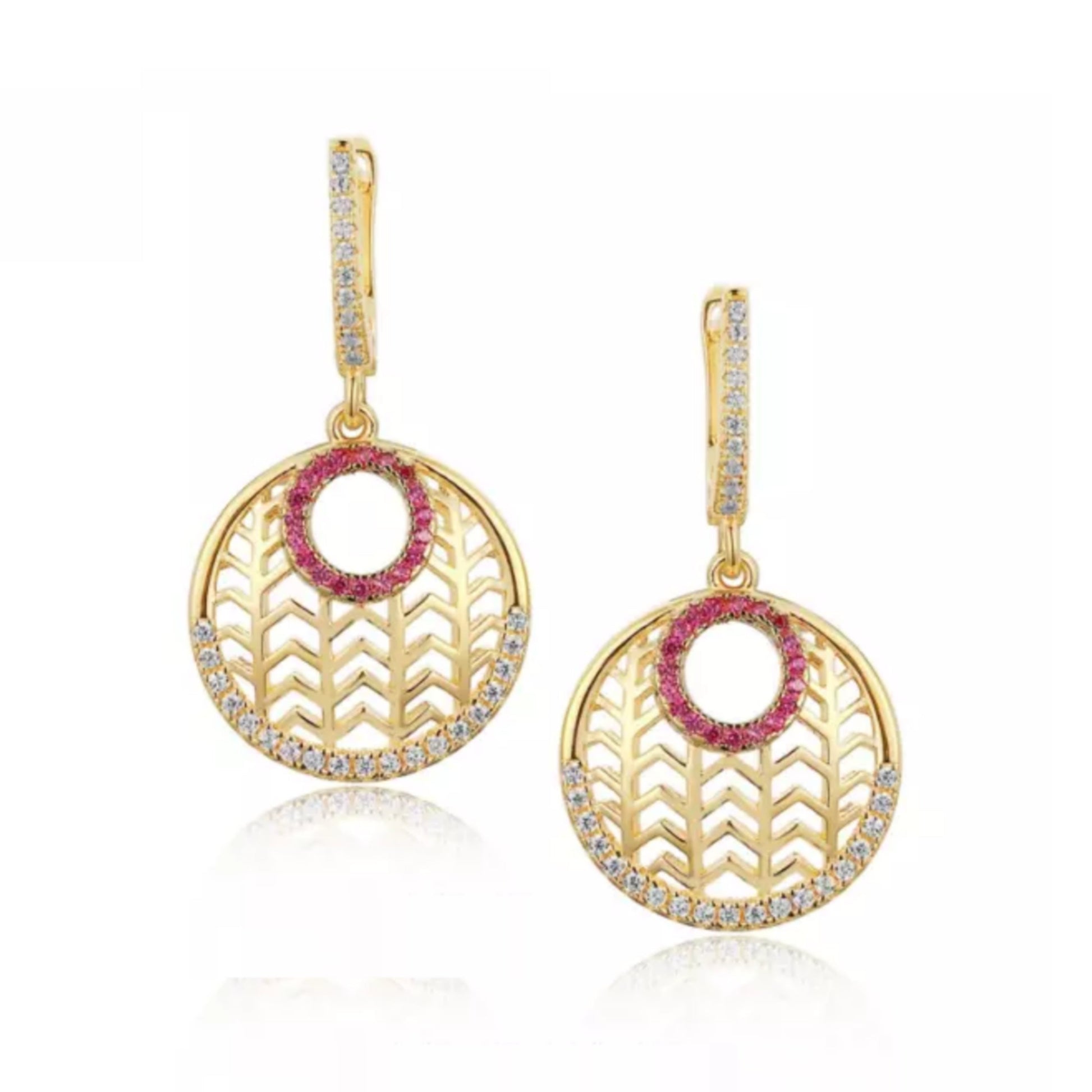 Sterling Silver Gold Plated Circle With Clear and Ruby CZs Earring - HK Jewels