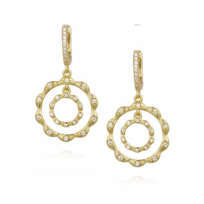 Gold Plated Sterling Silver Circle Within a Circle CZ Earrings - HK Jewels