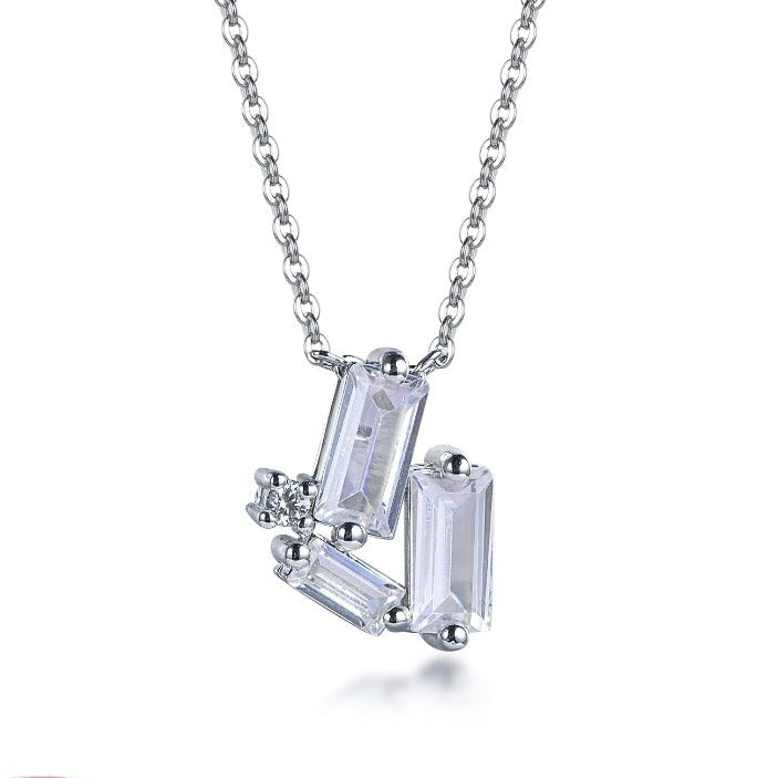 Sterling Silver CZ Baguette Necklace with Round Stone Accents - HK Jewels