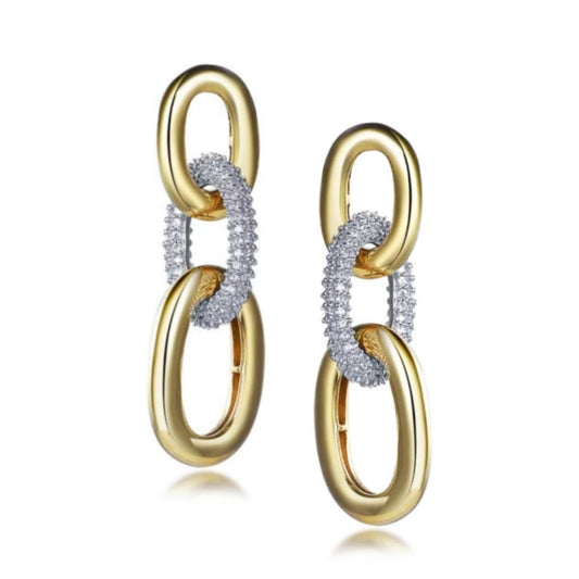 Gold Plated Sterling Silver Micropave 3 Oval Link Earrings - HK Jewels