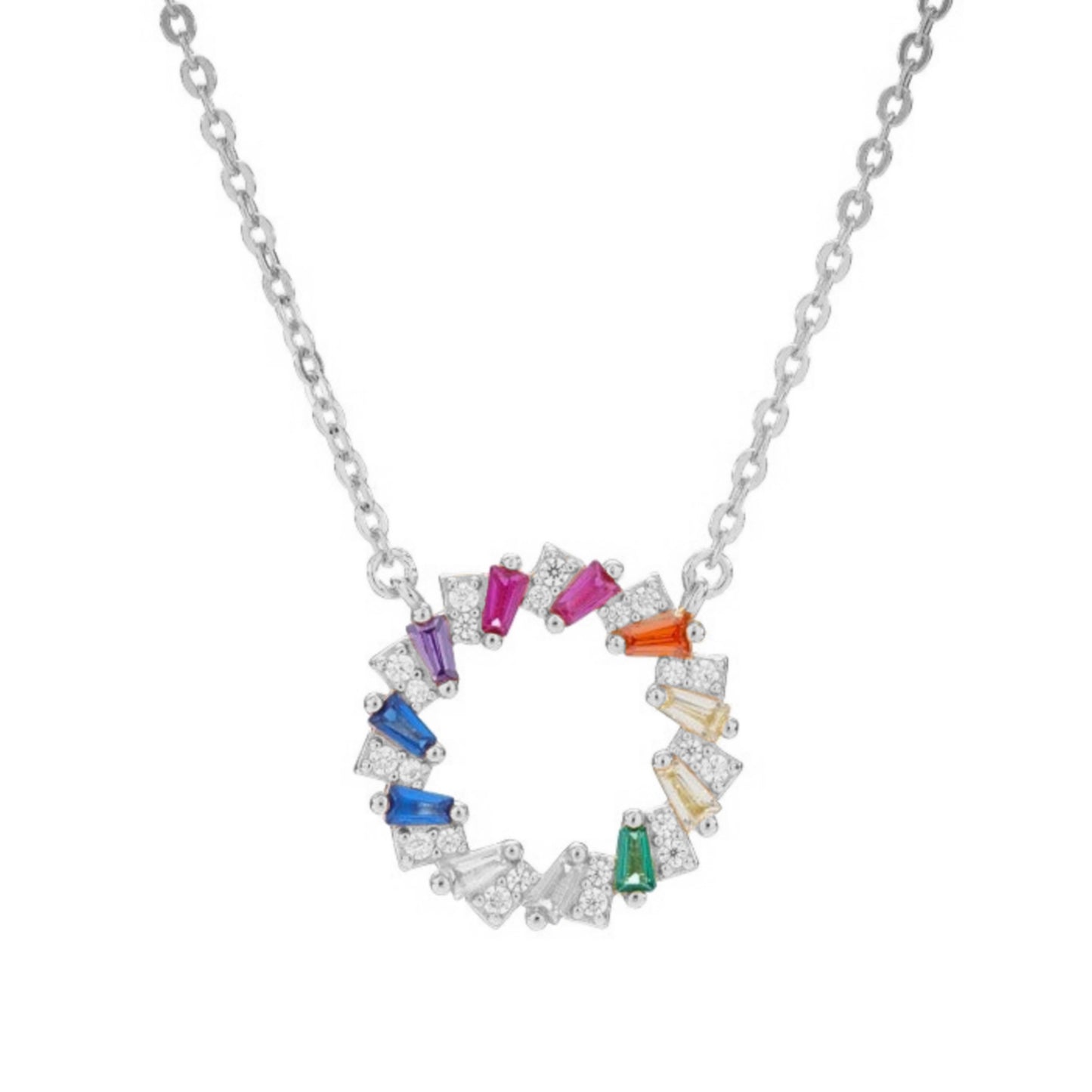 Sterling Silver Circle With Colorful Baguettes CZ Necklace - HK Jewels