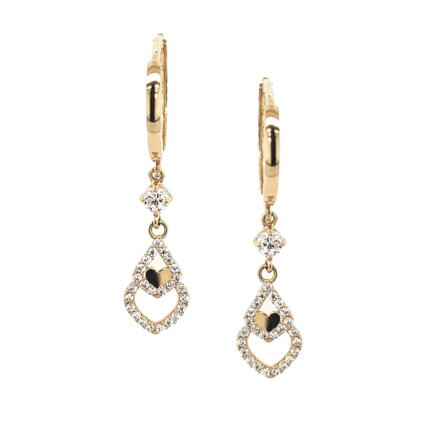 14K Gold CZ Teardrop With Heart Earrings - HK Jewels