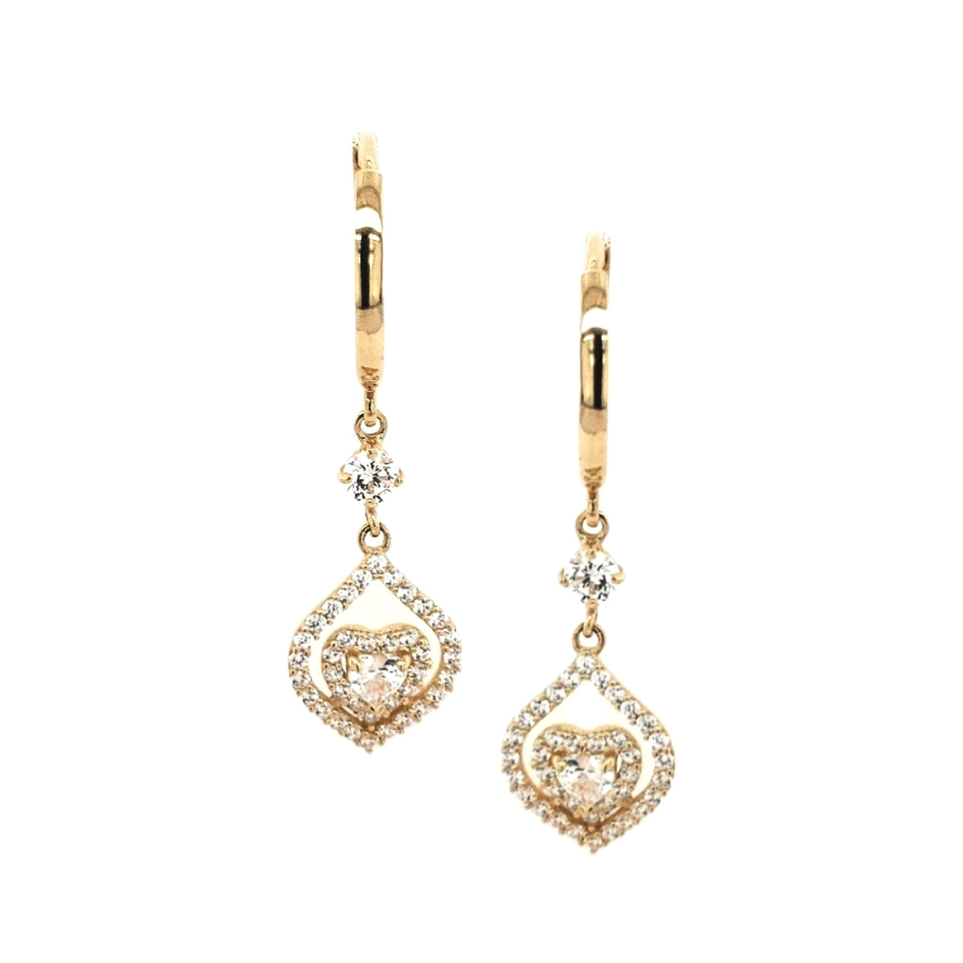 14K Gold CZ Heart Inside Teardrop  Earrings - HK Jewels