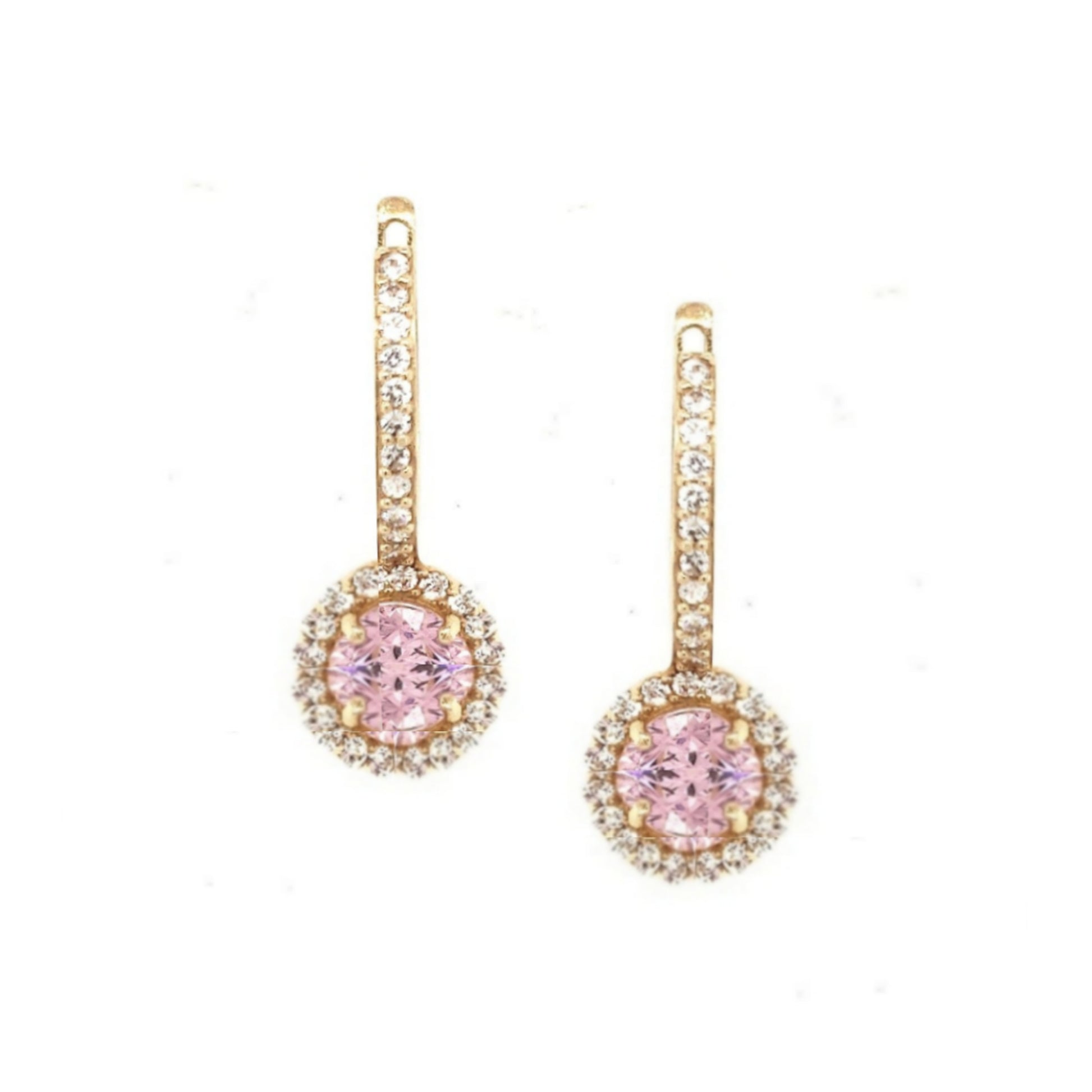 14K Gold And CZ Hoop Earring With Pink Stone - HK Jewels