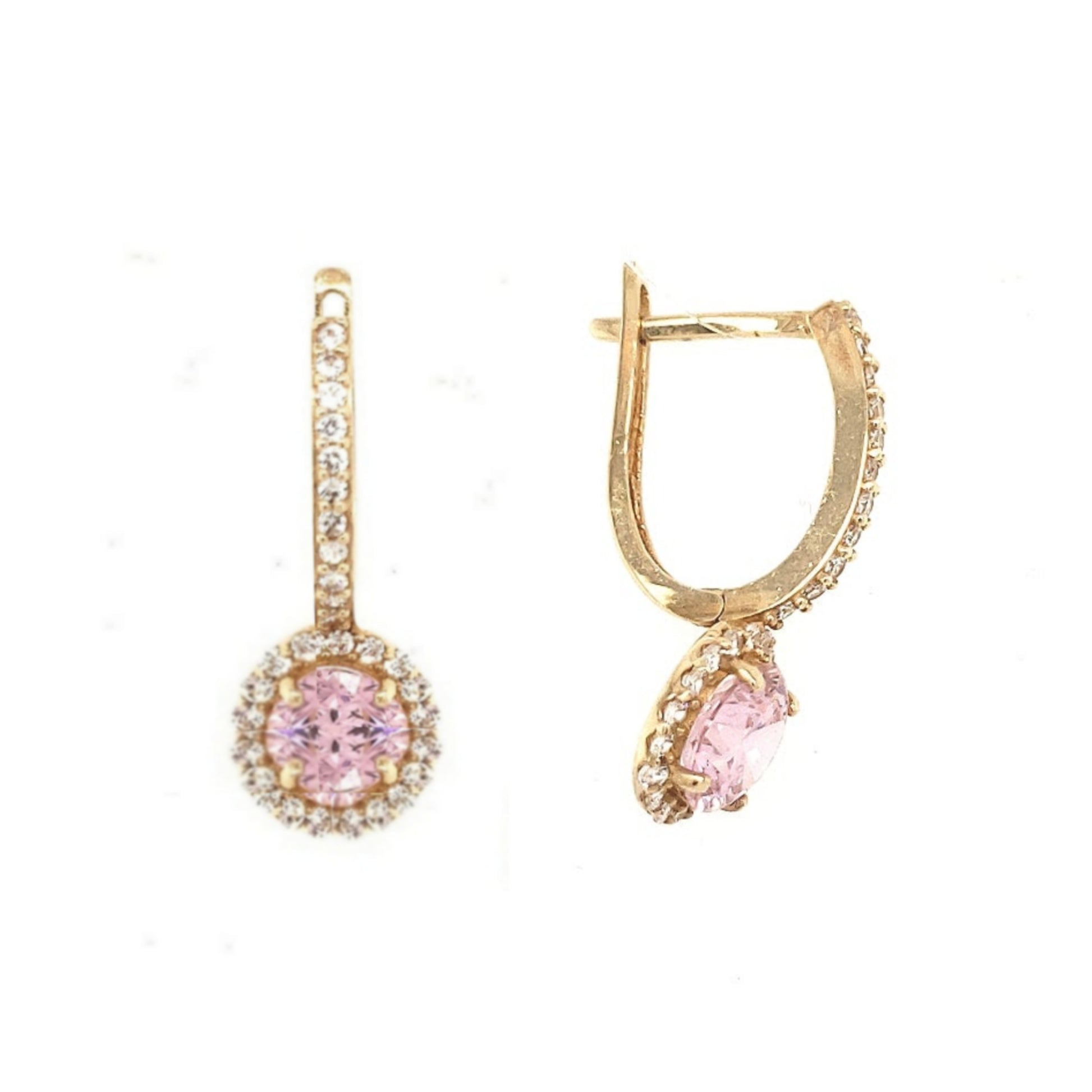 14K Gold And CZ Hoop Earring With Pink Stone - HK Jewels