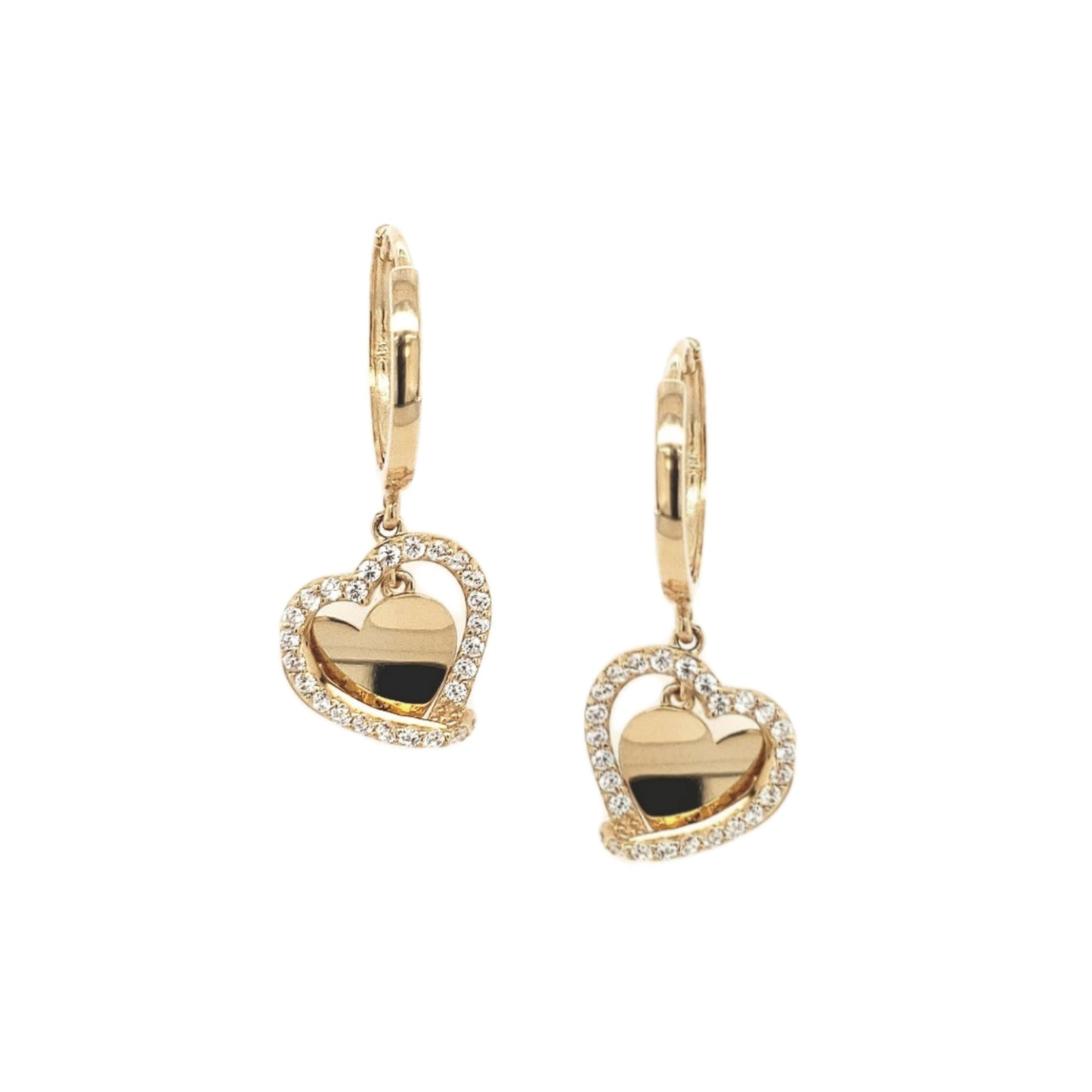 14K Gold And CZ Dangling Hearts Earring - HK Jewels
