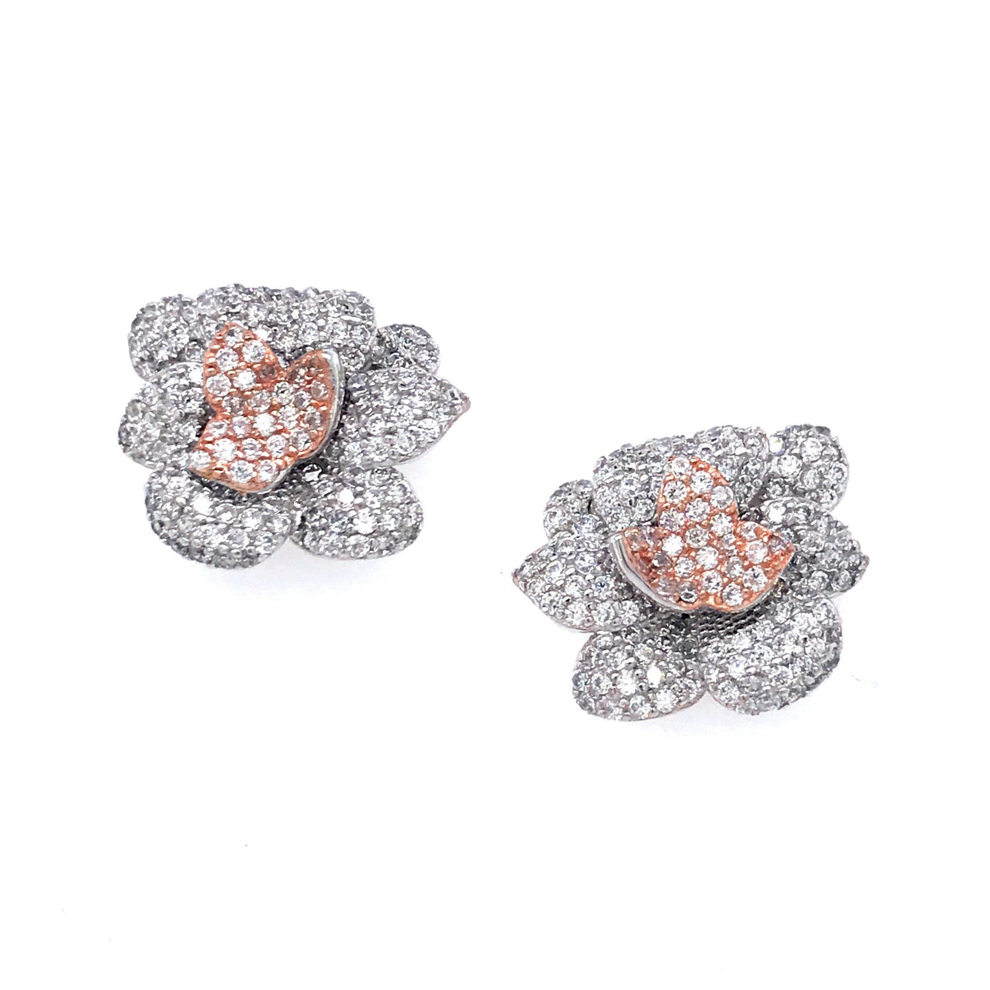 Sterling Silver Two Tone MicroPave Flower Studs - HK Jewels