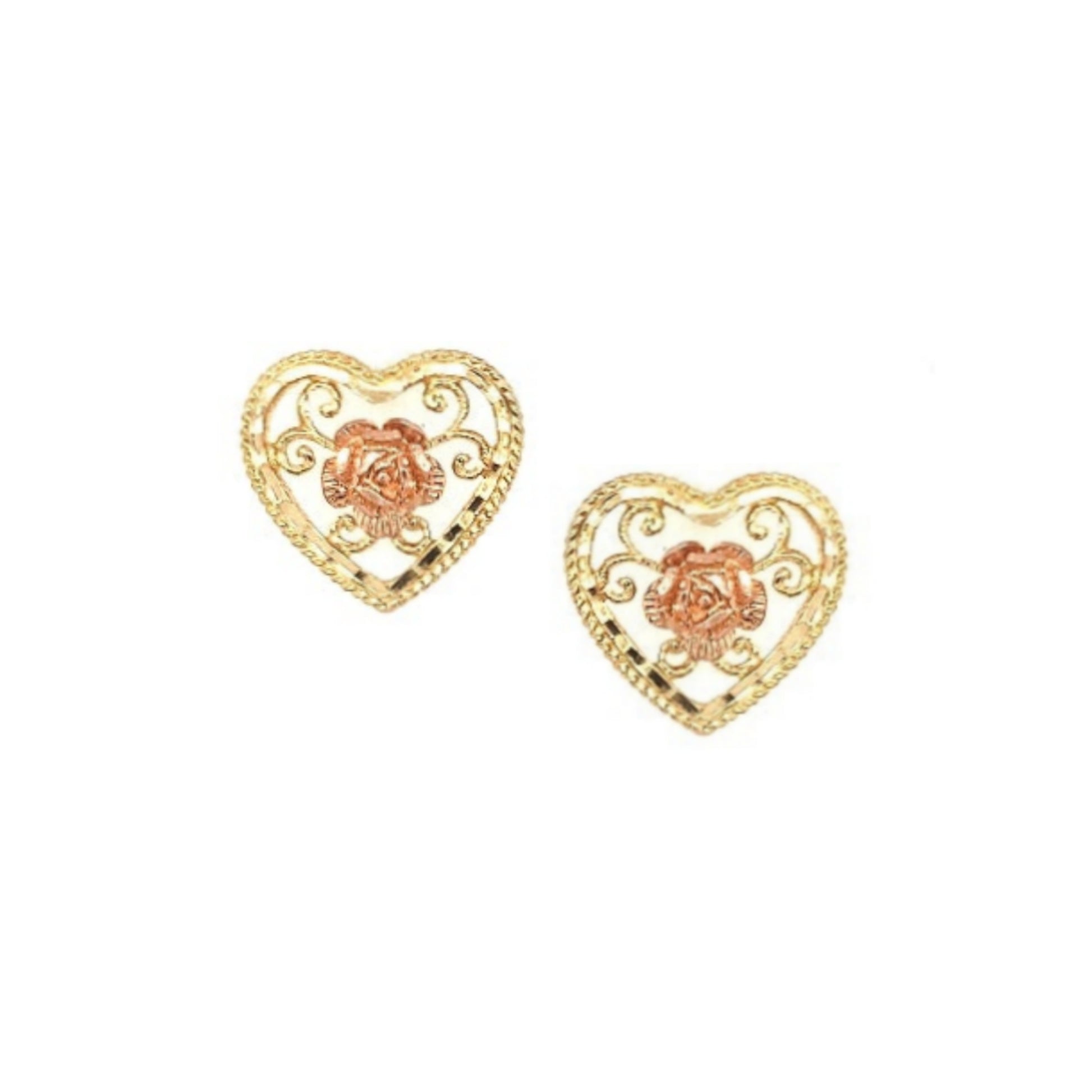 14k Gold Heart With Center Rose Gold Flower Stud - HK Jewels