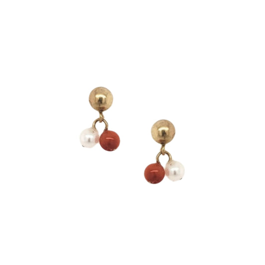 14k Pearl and Red Bead On Screwback Post Earring - HK Jewels