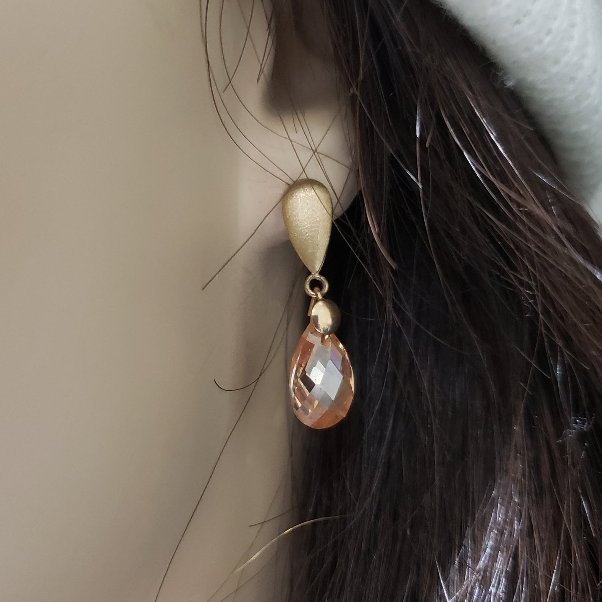 14k Gold Teardrop With Champagne CZ Teardrop Hanging On Screwback Post Earring - HK Jewels