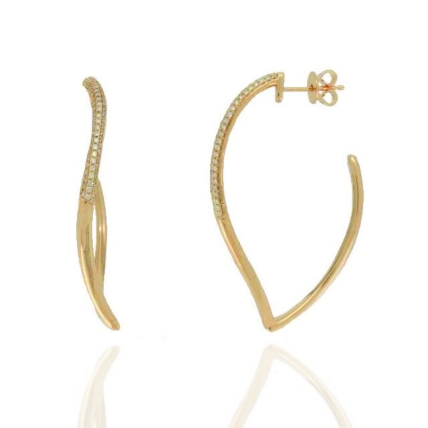 14K Gold Wavy Marquise Shaped Diamond Hoop Earrings - HK Jewels