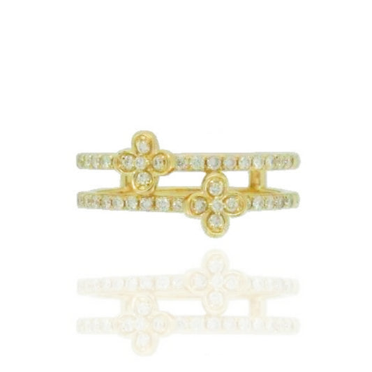 14K Gold Double Band Diamond Clover Ring - HK Jewels