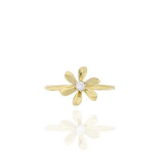 14K Gold Ring With Flower and Small Center Diamond - HK Jewels