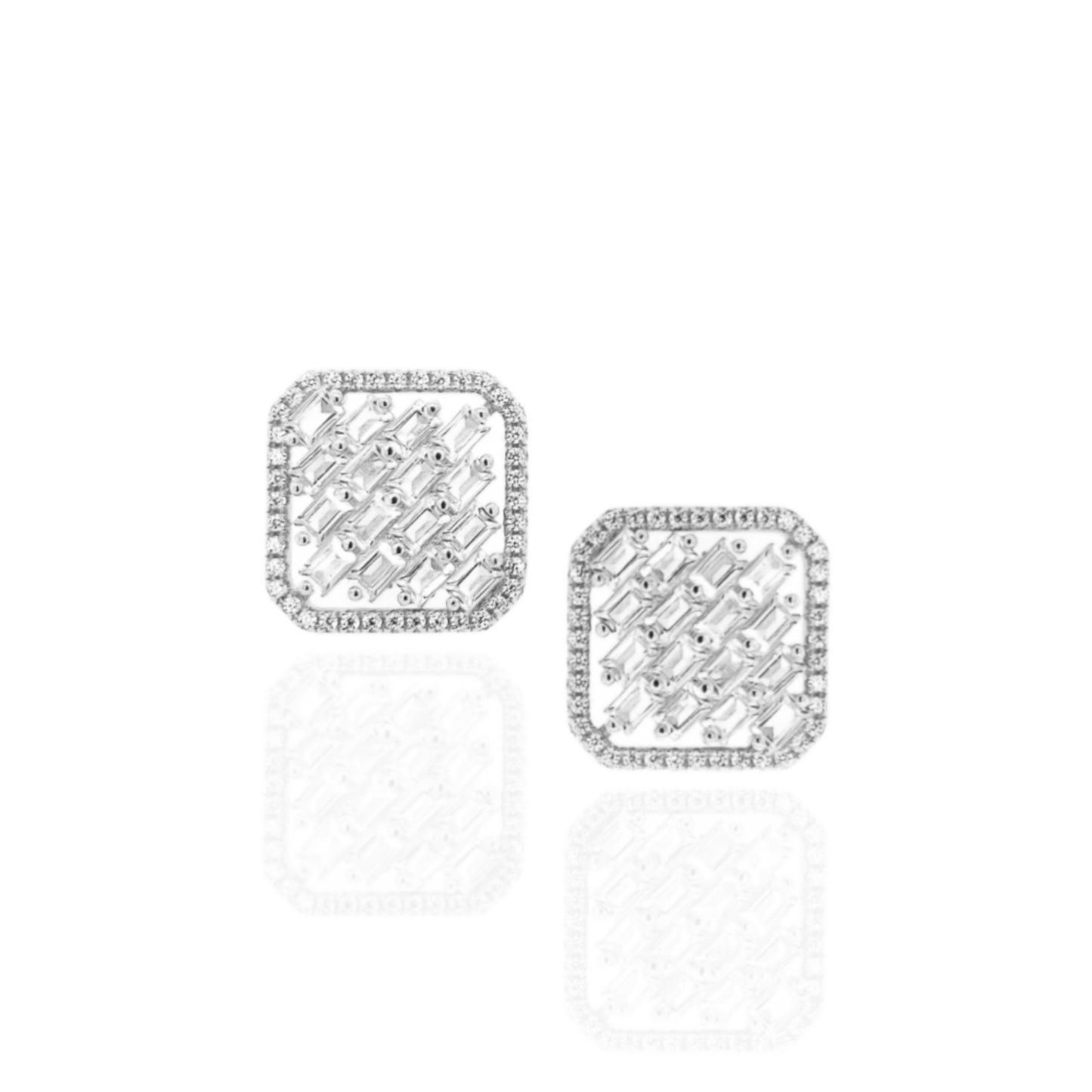 Sterling Silver Square Shaped CZ Frame With Baguette Stud Earrings - HK Jewels