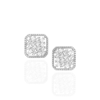 Sterling Silver Square Shaped CZ Frame With Baguette Stud Earrings - HK Jewels