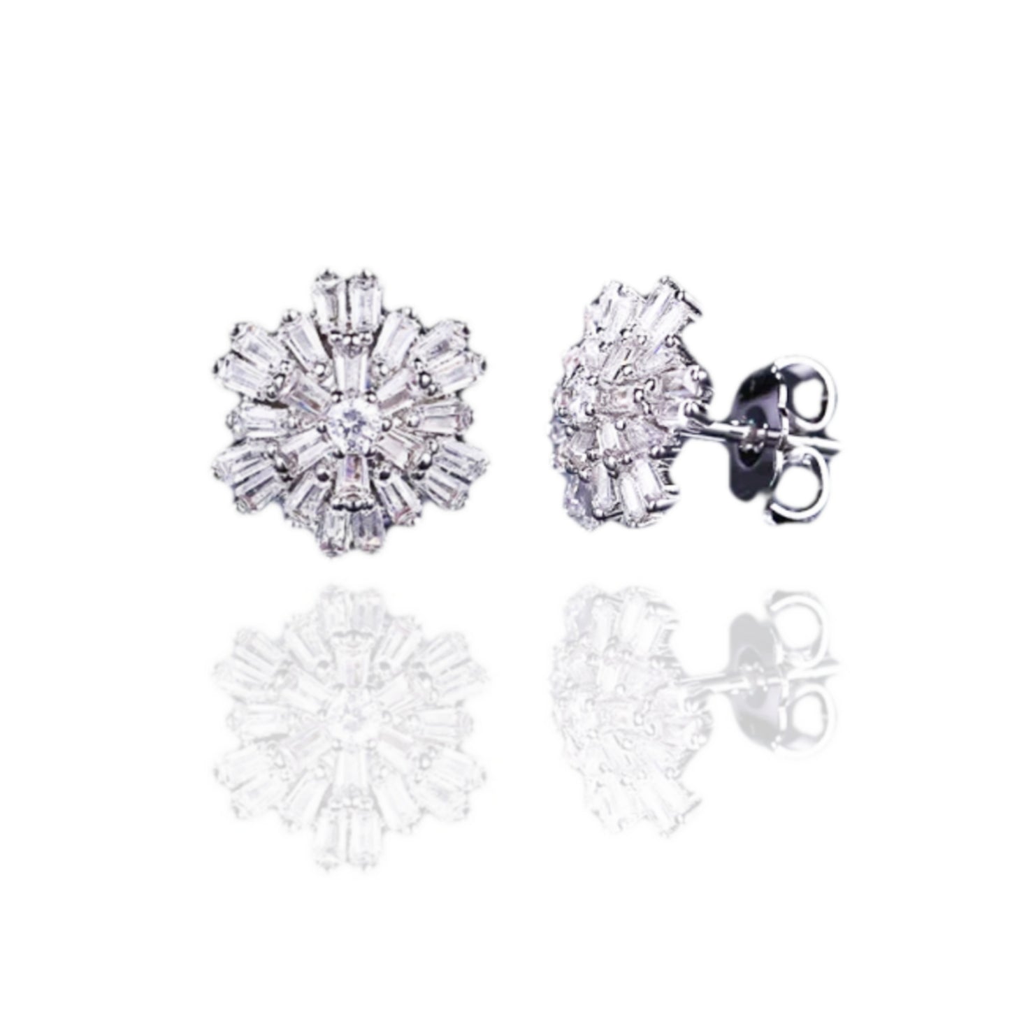 Sterling Silver Baguette Flower Stud Earrings - HK Jewels