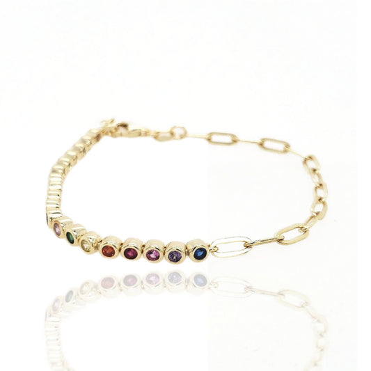 Sterling Silver Gold Plated Rainbow Stones Paperclip Chain Tennis Bracelet - HK Jewels