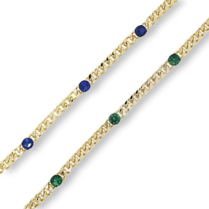 Sterling Silver Gold Plated Link Chain With Three Colored Stones - HK Jewels