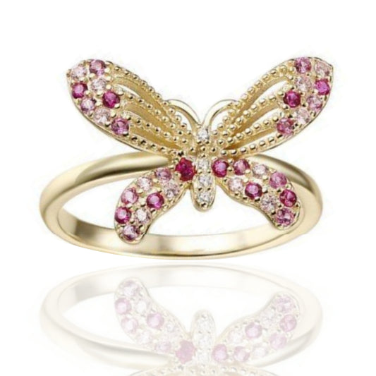 Gold Plated Sterling Silver Pink, Clear, and Ruby CZ Ring - HK Jewels