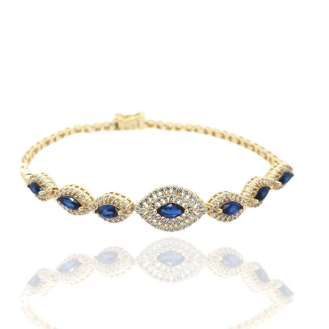 Sterling Silver Seven Oval Stones And CZ Gold Plated Bracelet - HK Jewels