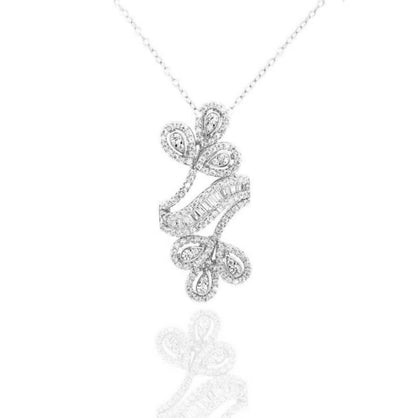 Sterling Silver Double Flower Round CZ and Baguette Pendant - HK Jewels