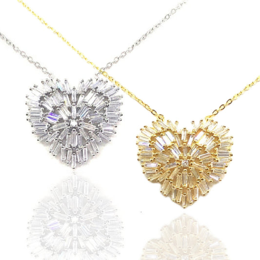 Sterling Silver Baguette Heart Necklace - HK Jewels
