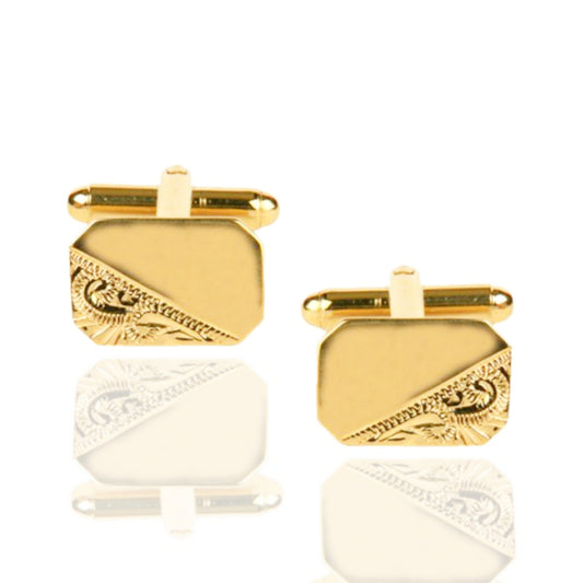 Rectangular 1/3 Engraved Design Cut Corners Gold Plated Cufflinks - HK Jewels