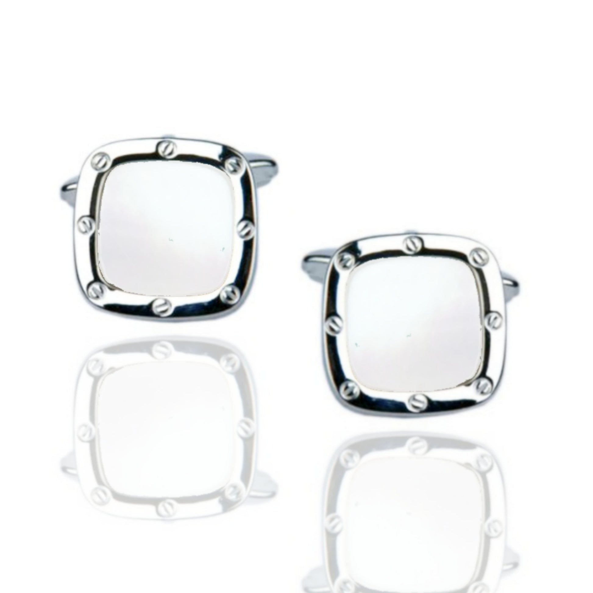 Rhodium Plated Cushion Shaped Mother of Pearl Port Hole Cufflinks - HK Jewels