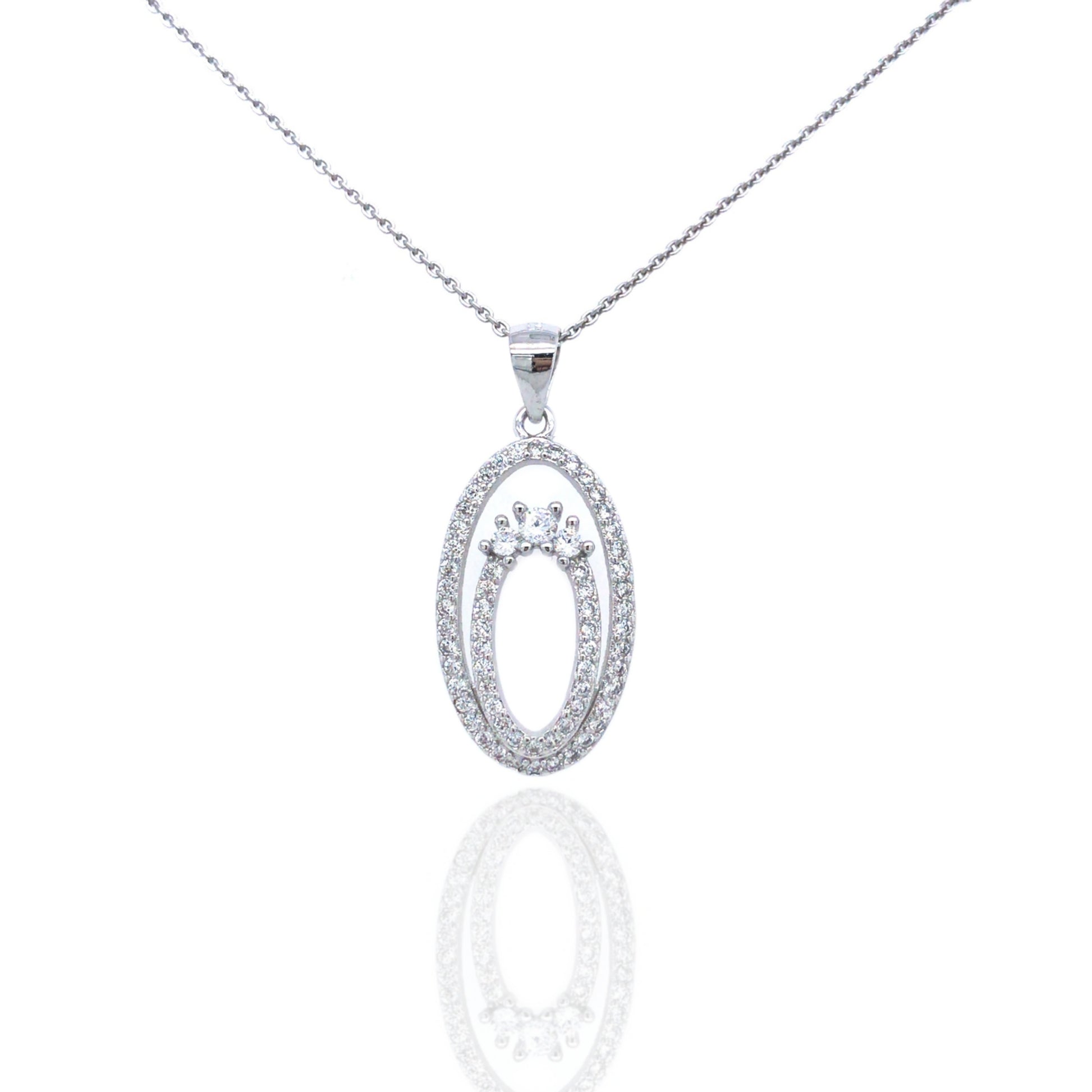 Sterling Silver Oval CZ Pendant Necklace - HK Jewels