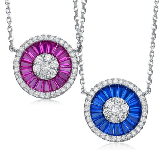 Sterling Silver Colored CZ Baguette Round Necklace - HK Jewels