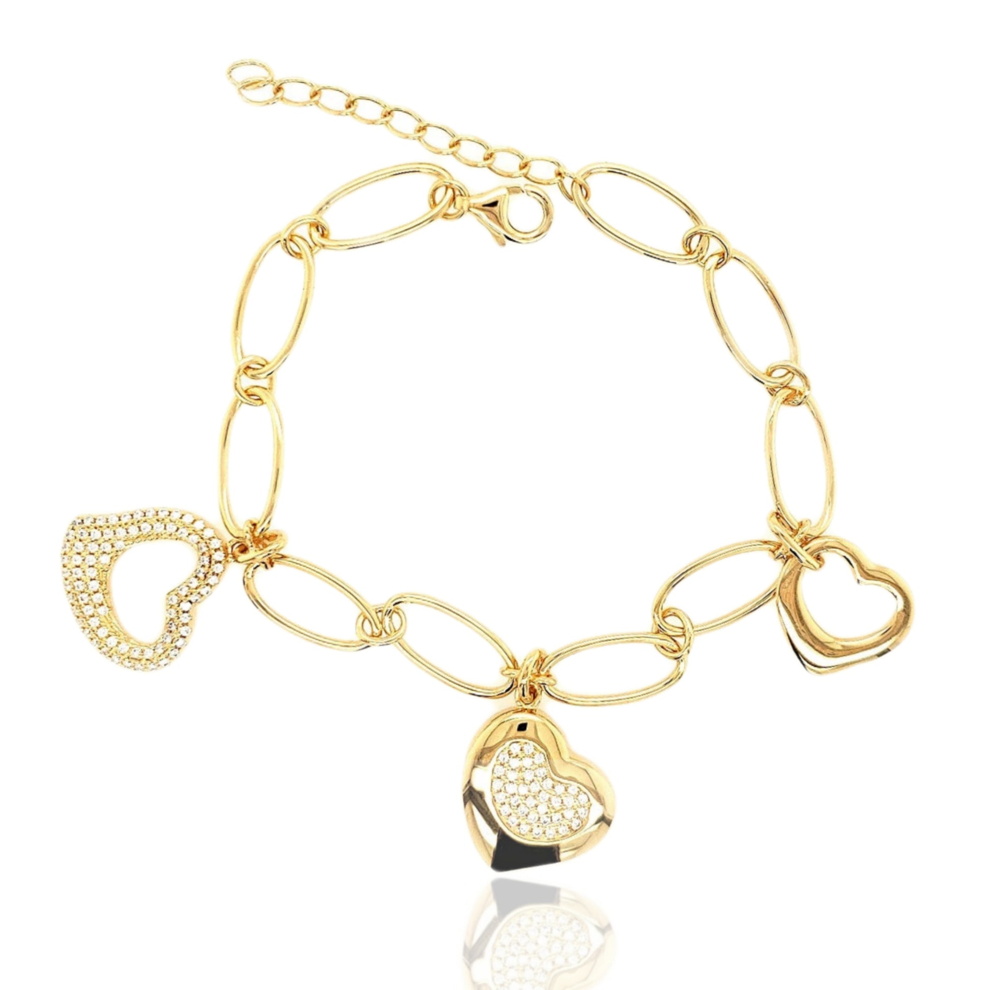 Sterling Silver Gold Plated Three CZ Heart Bracelet - HK Jewels
