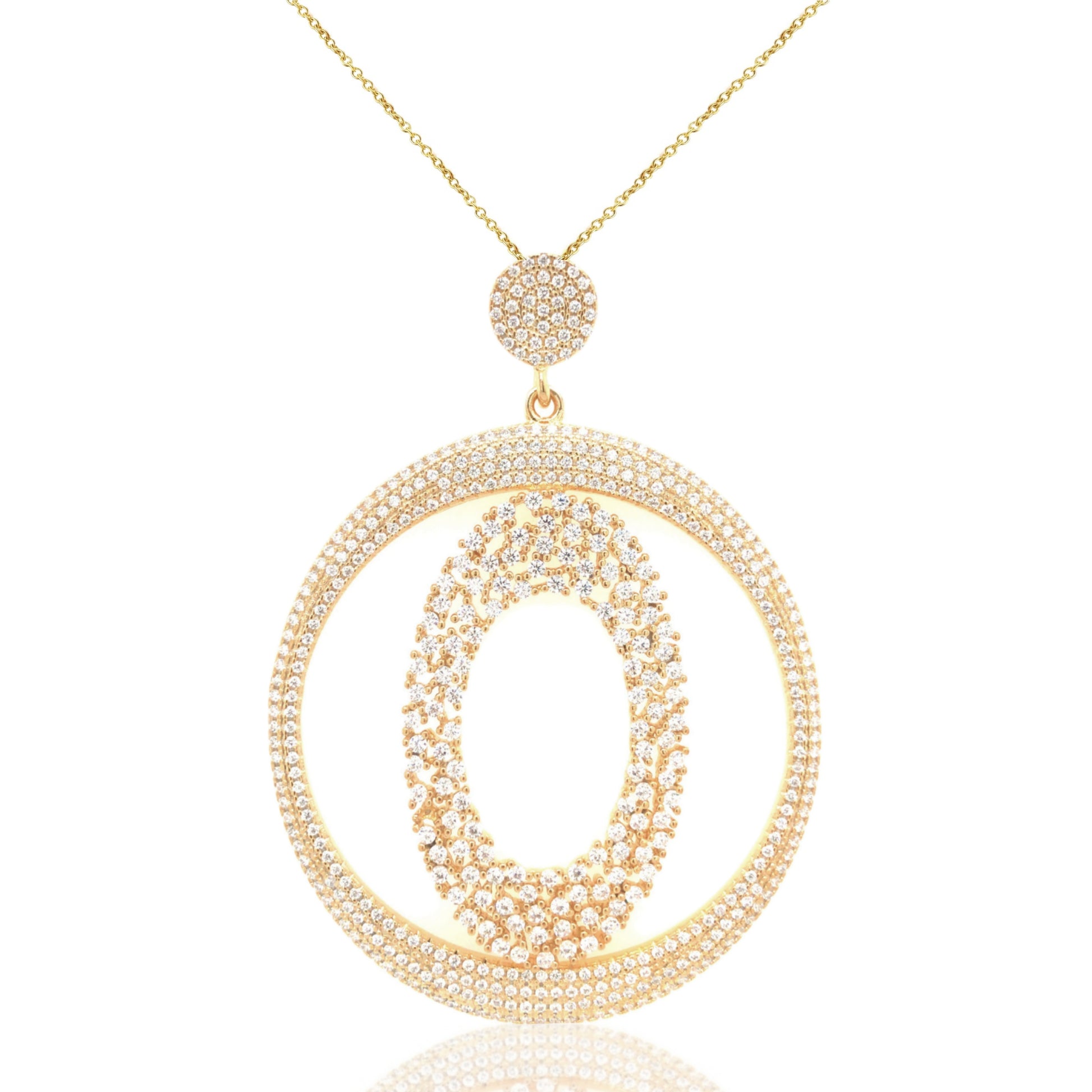 Sterling Silver Gold-Plated Large Round With Inside Oval CZ Pendant - HK Jewels