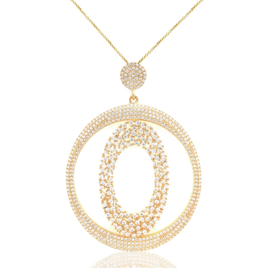 Sterling Silver Gold-Plated Large Round With Inside Oval CZ Pendant - HK Jewels