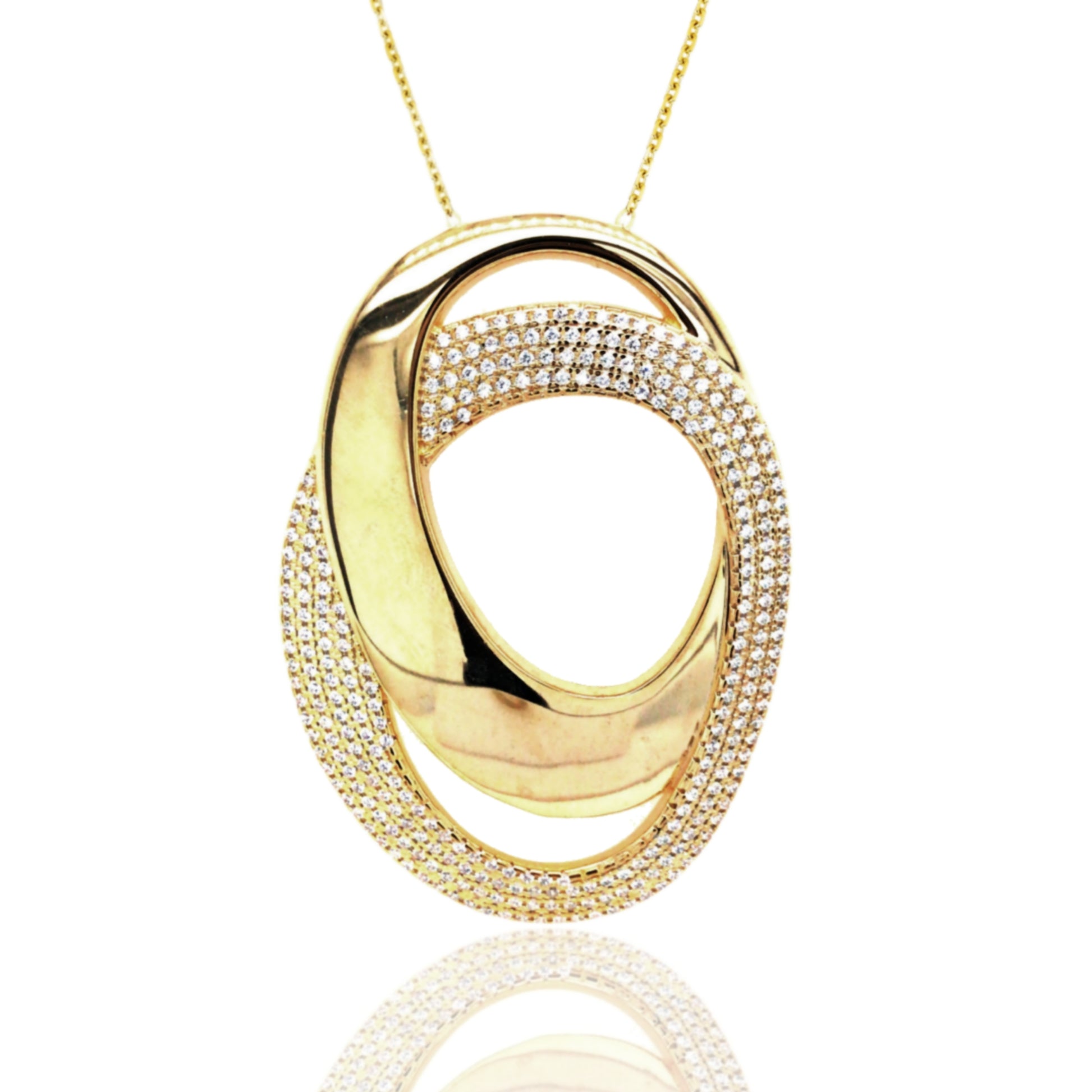 Sterling Silver Gold-Plated Large Oval With CZ Pendant - HK Jewels