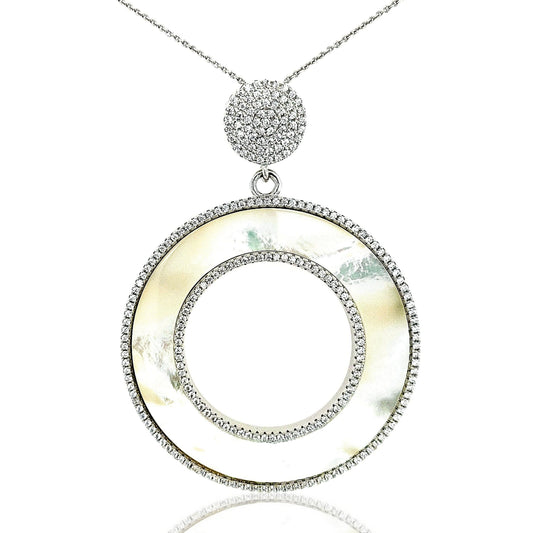 Sterling Silver Large Mother of Pearl Circle CZ Pendant - HK Jewels