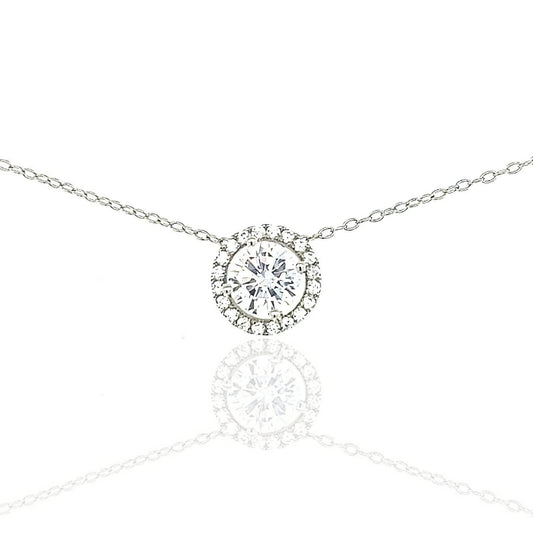 Sterling Silver Small CZ Halo Solitaire Necklace - HK Jewels