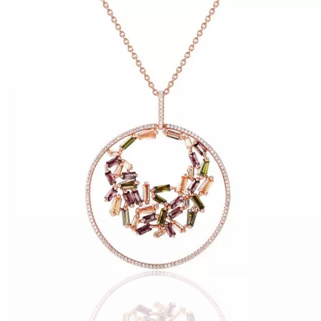 Rhodium or Rose Gold Plated Sterling Silver Circle With Baguettes Pendant - HK Jewels