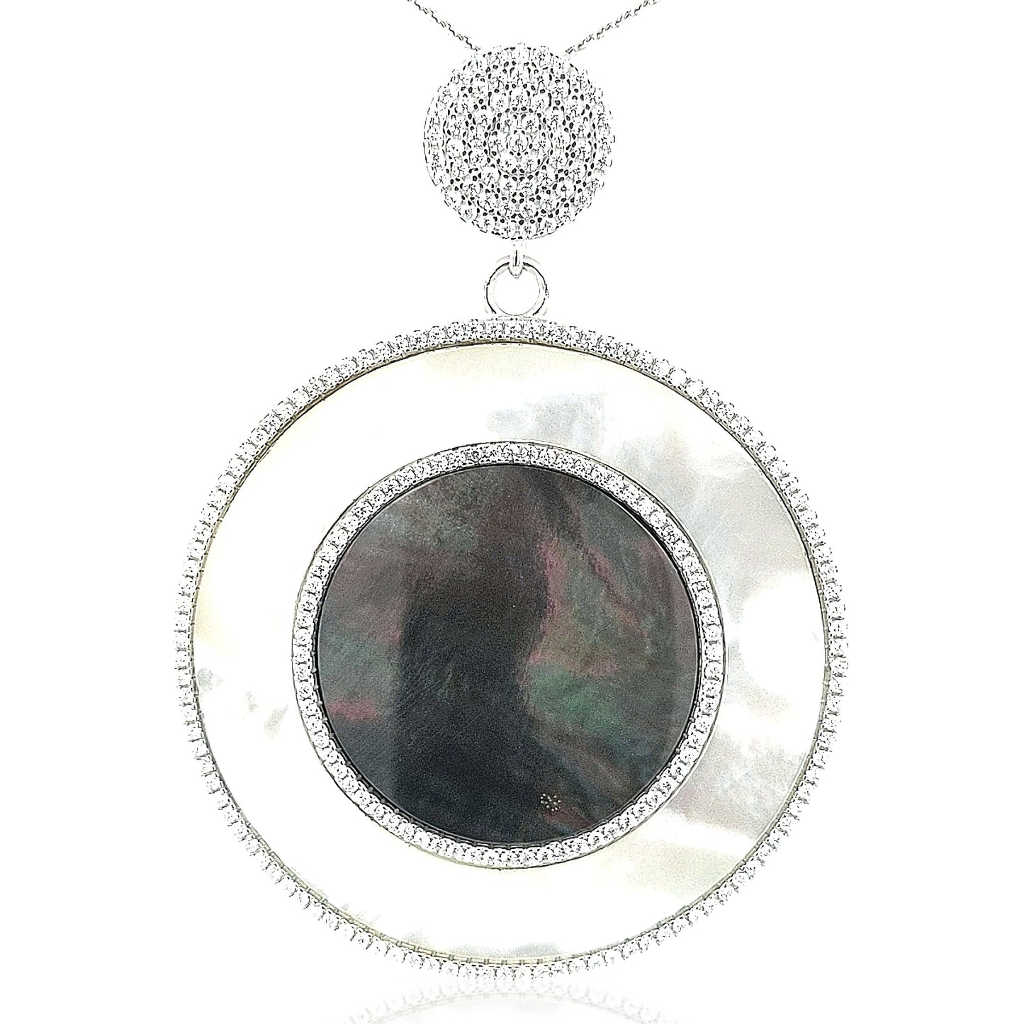 Sterling Silver Large Mother of Pearl Circle CZ Pendant - HK Jewels