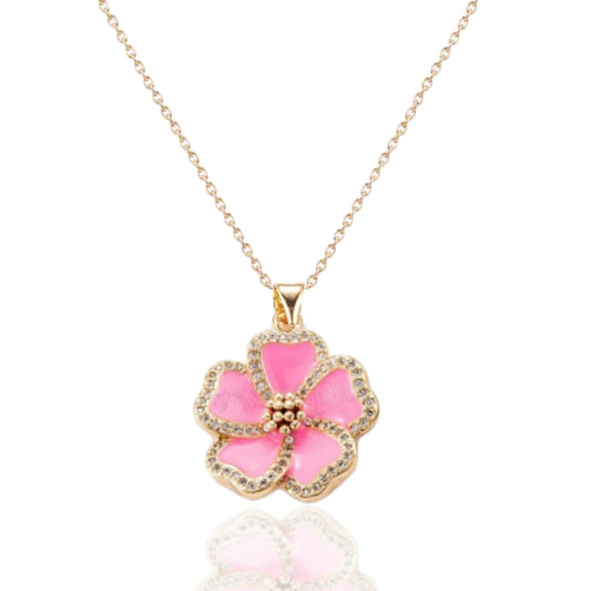 Pink Enamel Flower Necklace - HK Jewels