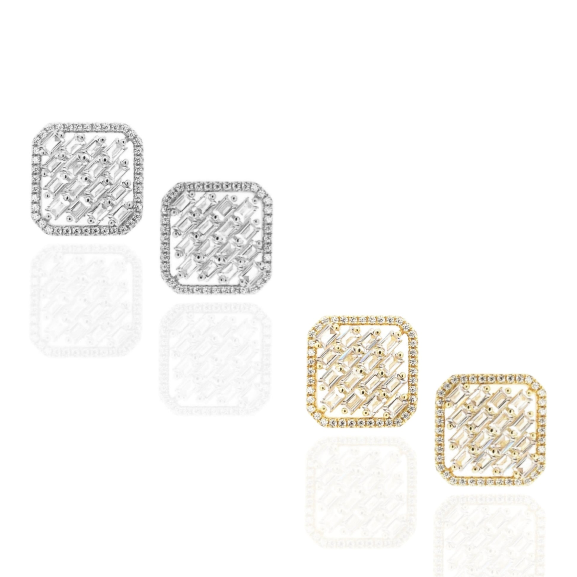 Sterling Silver Square Shaped CZ Frame With Baguette Stud Earrings - HK Jewels