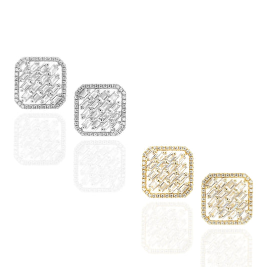 Sterling Silver Square Shaped CZ Frame With Baguette Stud Earrings - HK Jewels