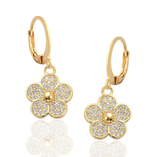 Gold Plated Surgical Steel Flower CZ Earrings - HK Jewels