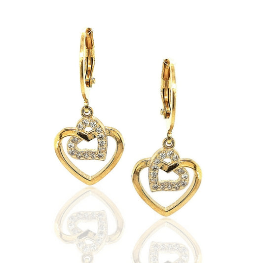 Surgical Steel Gold Plated CZ Heart Inside Heart Earring - HK Jewels