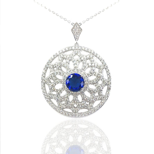 Sterling Silver Circle Pendant with Blue Stone - HK Jewels