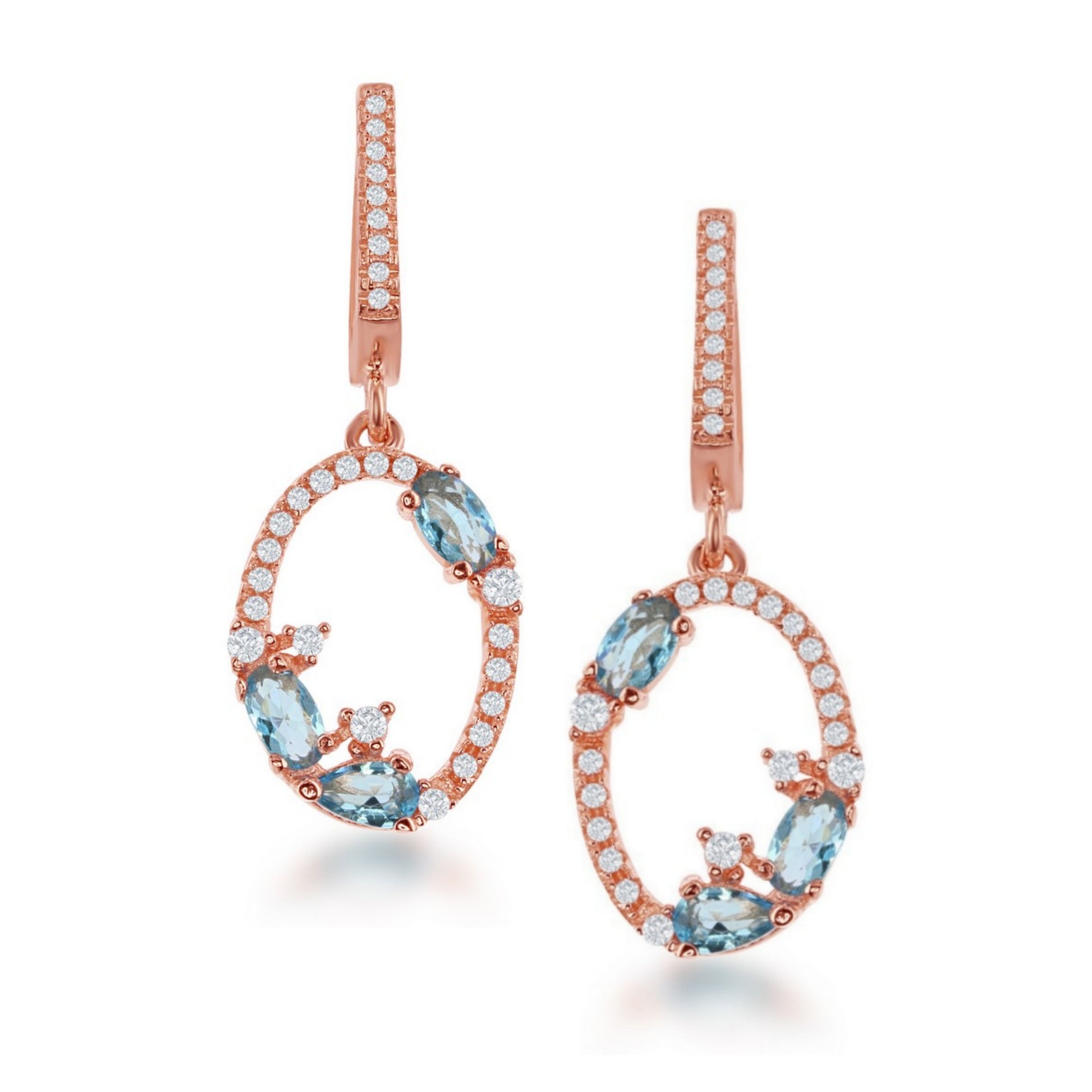 Rose Gold Plated Sterling Silver Oval Earrings with Blue CZs - HK Jewels