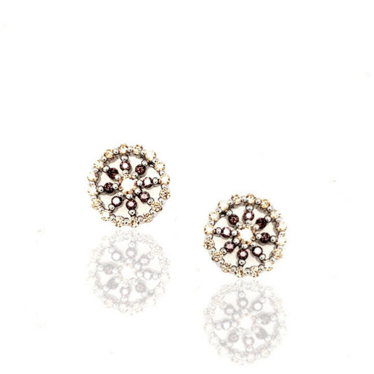 Sterling Silver Colored Stone Flower Framed In Circular Champagne CZ Stud Earring - HK Jewels