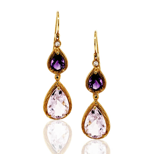 14K Gold And Amethyst Double Hanging Teardrop Earring - HK Jewels